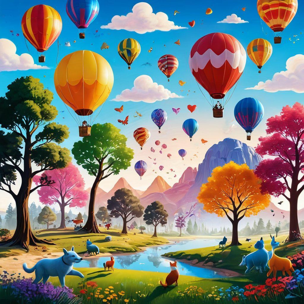 A whimsical digital landscape depicting vibrant characters engaging joyfully in online interactions, with floating chat bubbles and colorful icons representing emotions. Show a bright sun with a smiling face casting warm light over the scene, and trees shaped like hearts symbolizing connection. Infuse elements of adventure, like miniature hot air balloons and playful animals exploring the digital sky. super-realistic. vibrant colors. white background.