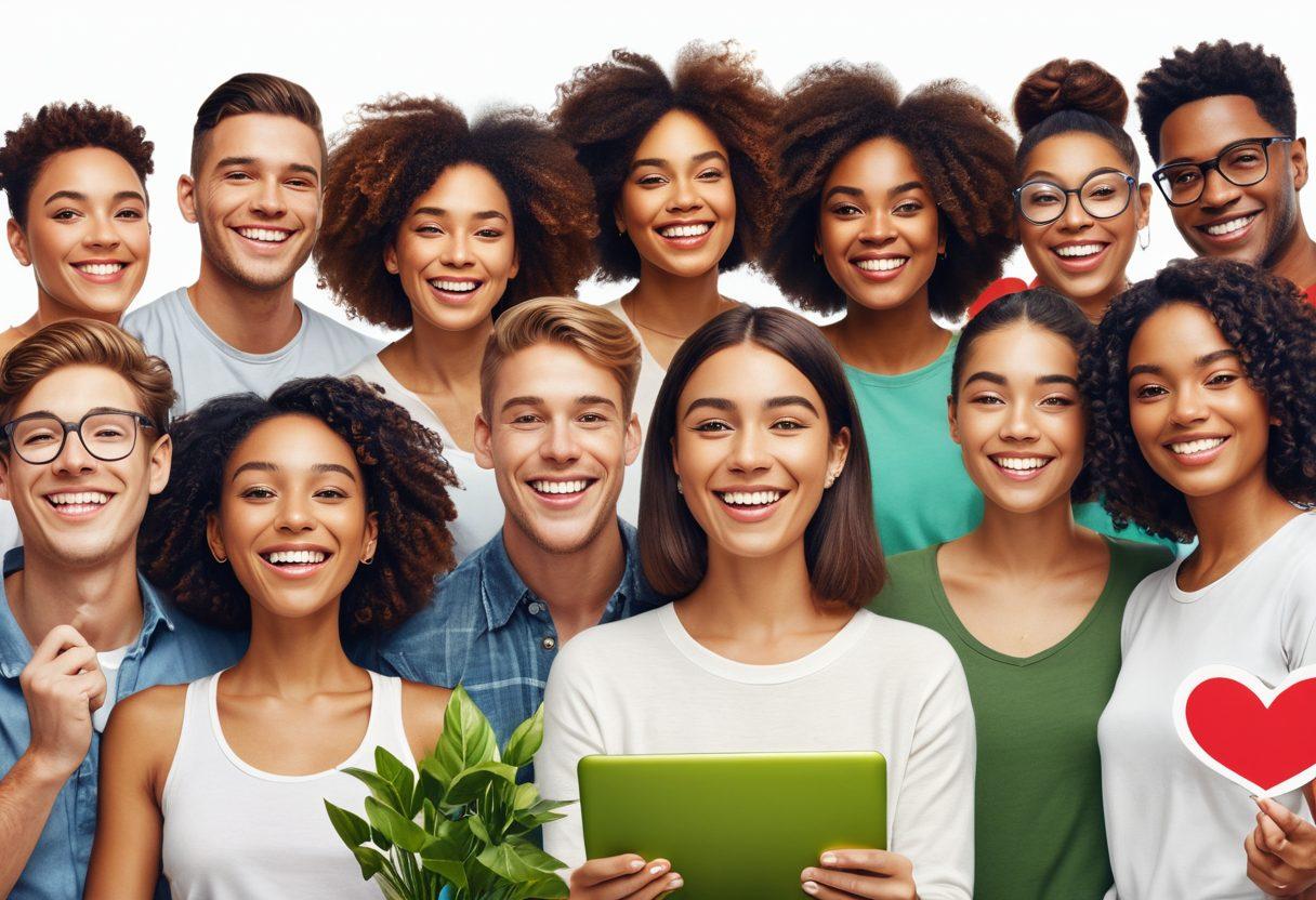 A vibrant and colorful digital illustration of a diverse group of people smiling and engaging in various online activities, surrounded by symbols of connection like chat bubbles and hearts. The background features elements like plants and sunshine to evoke a sense of joy and togetherness. Emphasize inclusivity and positivity among individuals of different ages and ethnicities. super-realistic. vibrant colors. white background.