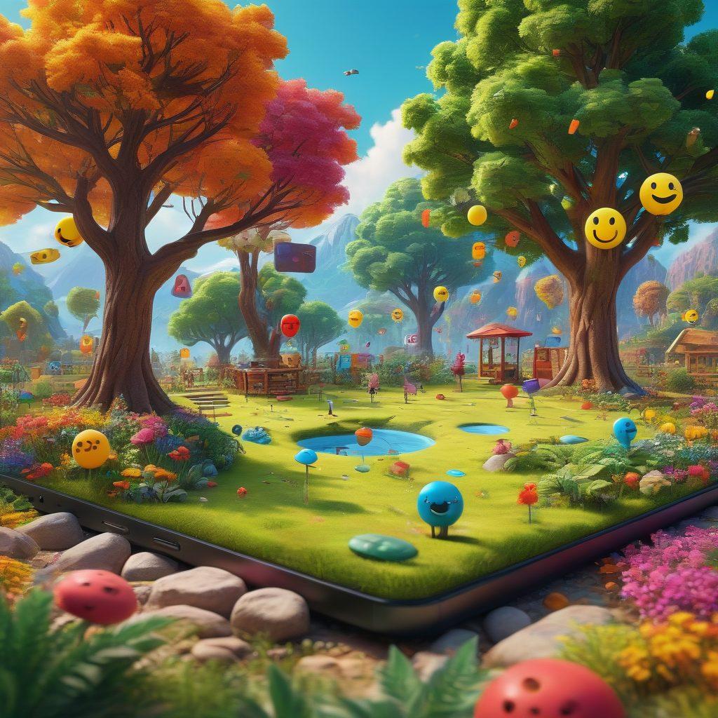 A vibrant digital landscape featuring diverse people of various backgrounds joyfully interacting through technology, surrounded by colorful digital elements like floating emojis, social media icons, and playful game elements. The scene conveys a sense of connection and community, with a blend of nature and digital elements—like trees made out of pixelated blocks—forming a joyful online playground. super-realistic. vibrant colors. 3D.